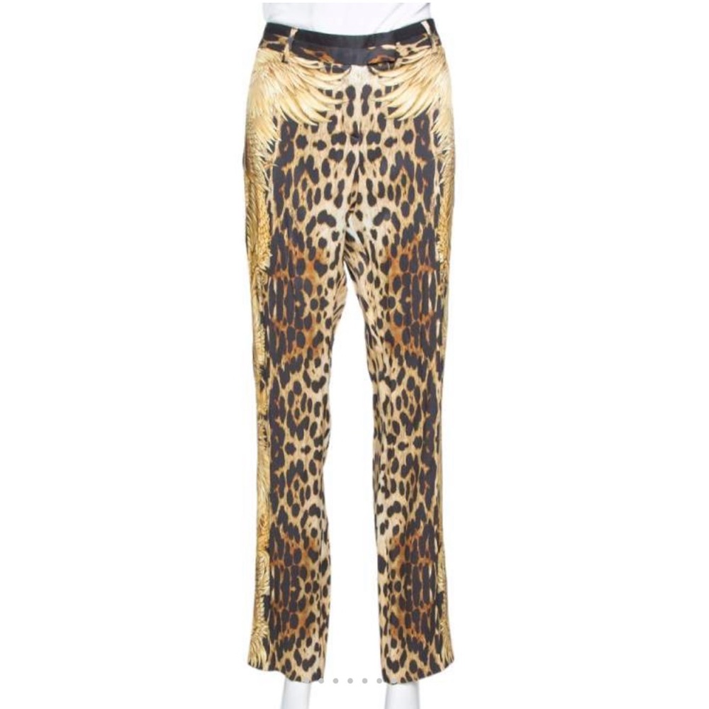 ROBERTO CAVALLI LEOPARD PRINT GOLD WINGS SILK PANTS, 40